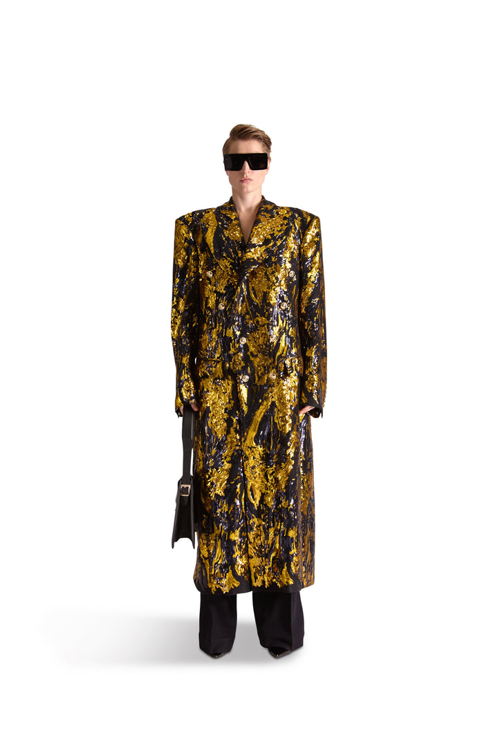 Hand Embroidered Peak Lapel Double Breasted Long Coat