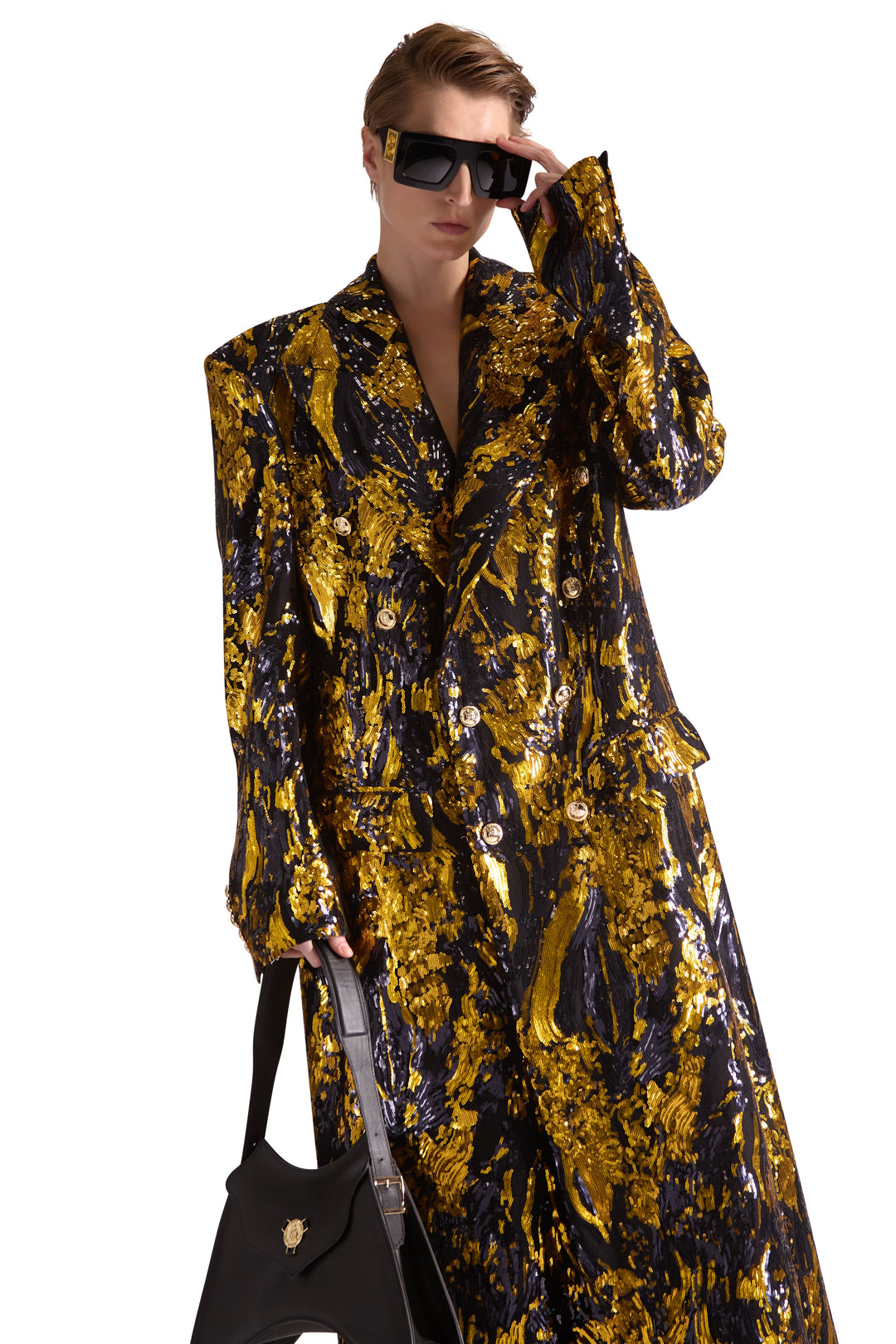 Hand Embroidered Peak Lapel Double Breasted Long Coat